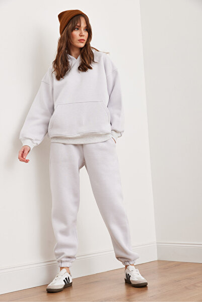 Olalook Kadın Gri Şardonlu Kalın Eşofman Takımı ETKM-0000078