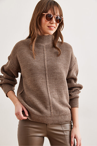 Olalook Women's Mink Front Stripe Half Fisherman Knitwear Sweater Kzk- 19000928