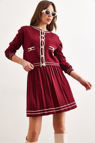 Olalook Burgundy Knitwear Set - Top Cardigan and Pleated Skirt Tkm- 19000330