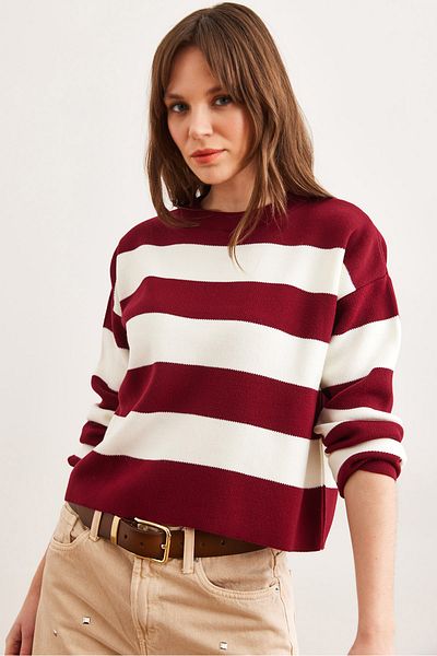 Olalook Pulover din tricot cu dungi roșii Claret - Decolteu, Femei, KZK- 19000932