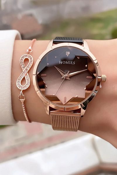 Homies Brand Rose and Black Color Waterproof Women's Wrist Watch - Bracelet Gift.