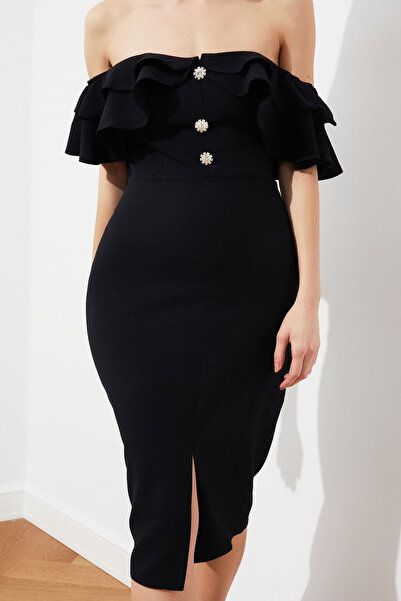 Trendyol Collection Μαύρη πέτρα με κουμπιά υφαντά κομψά βραδινά φορέματα Νυχτερινό φόρεμα αποφοίτησης TPRSS21EL1403