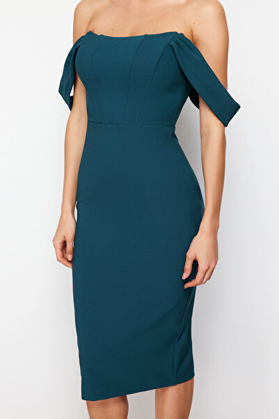 Trendyol Collection Κομψό υφαντό βραδινό φόρεμα με λεπτομέρεια πράσινου κορσέ - TPRSS22EL00097