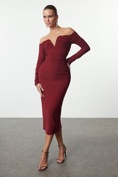 Trendyol Collection Πλεκτό φόρεμα Carmen Collar Claret Red - TPRAW25EL00073