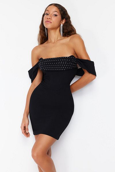 Trendyol Collection Shiny Stone Detailed Black Short Evening Dress - Lined, Woven TPRSS24EL00109