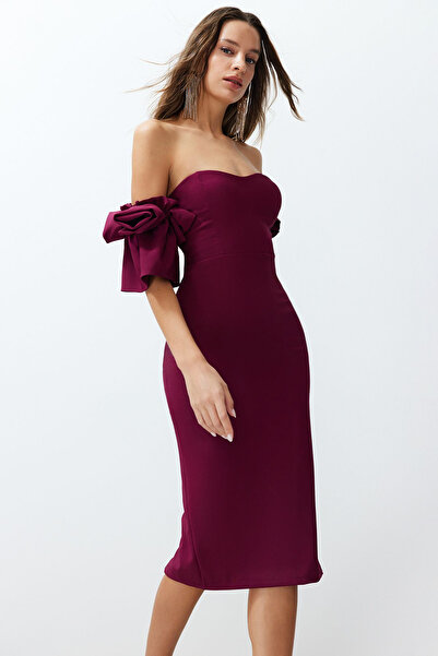 Trendyol Collection Rochie de seara tesuta eleganta cu accesorii trandafiri mov - TPRSS23EL00541