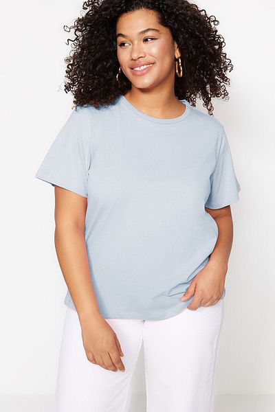 Trendyol Curve Plus Size Niebieski T-shirt z okrągłym dekoltem 100% bawełny dzianinowy - Tbbss22Ts0733