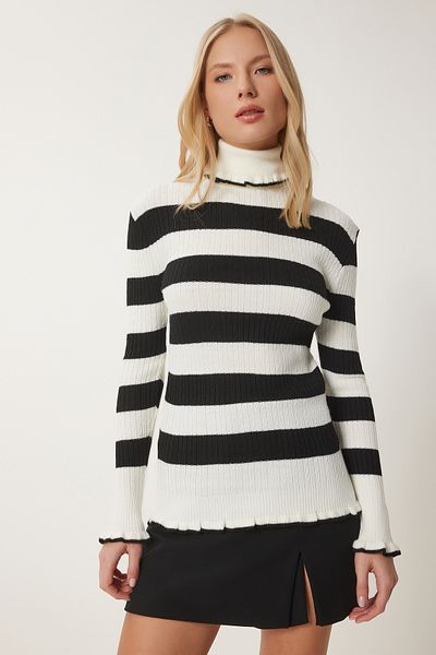Happiness İstanbul Women's Ecru Black Turtleneck Ruffled Striped Knitwear Sweater DD01269