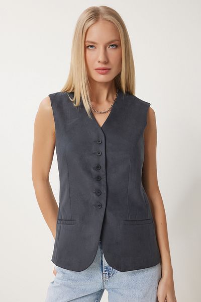 Happiness İstanbul Women's Smoked V Neck Nubuck Vest Fn03387