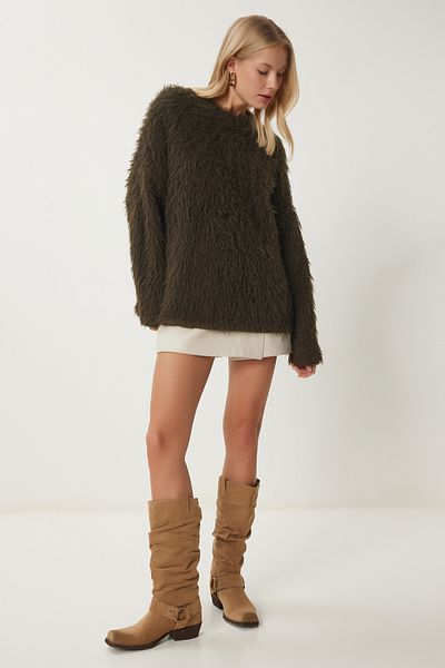 Happiness İstanbul Khakifarbener Damen-Strickpullover mit weicher Textur und Bärte US00950