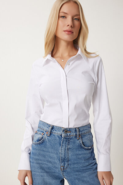 Happiness İstanbul Női fehér, rejtett gombos húzózsinóros szőtt ing NJ00165