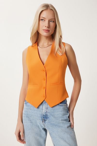 Happiness İstanbul Orangefarbene, körperbetonte, kurze, gewebte Weste für Damen TO00048