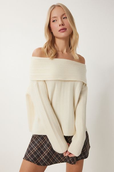 Happiness İstanbul Cremefarbener Damen-Strickpullover mit Madonna-Kragen PF00049