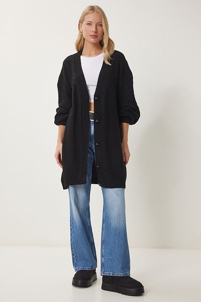 Happiness İstanbul Schwarzer Oversize-Strickcardigan mit Ballonärmeln für Damen DD01033