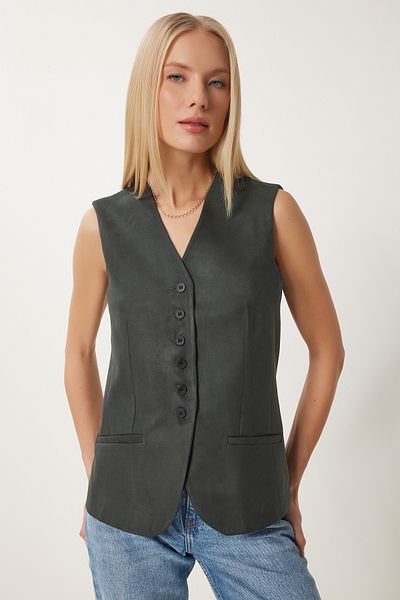 Happiness İstanbul Dunkelgrüne Nubukweste mit V-Ausschnitt für Damen FN03387