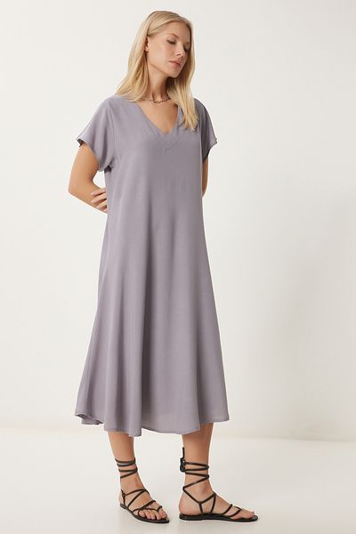 Happiness İstanbul Women's Gray V Neck Summer Draped Viscose Dress En00612