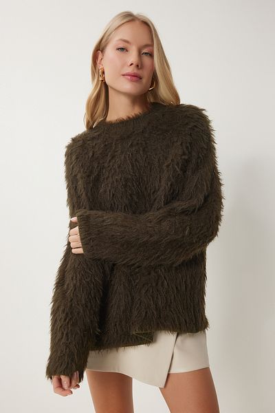 Happiness İstanbul Khakifarbener Damen-Strickpullover mit weicher Textur und Bärte US00950