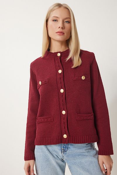 Happiness İstanbul Burgunderfarbener, stilvoller, strukturierter Strick-Cardigan mit Knöpfen für Damen DP00211