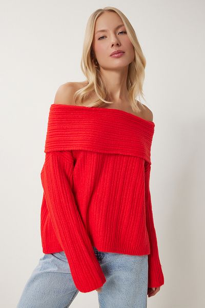 Happiness İstanbul Roter Madonna-Kragen-Strickpullover für Damen PF00049