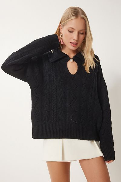 Happiness İstanbul Women's Black Pearl Buttoned Motif Knit Sweater BV00108