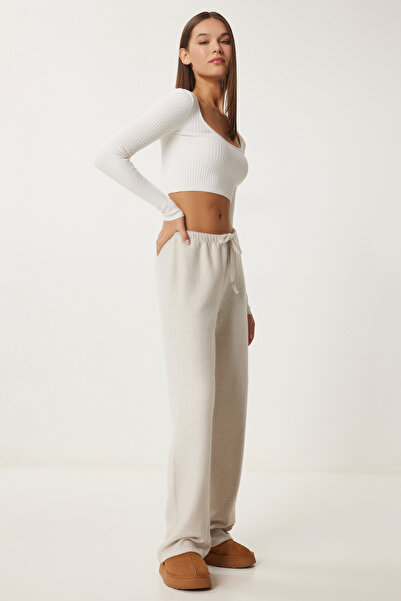 Happiness İstanbul Kadın Bej Yumoş Bol Örme Pantolon UB00295