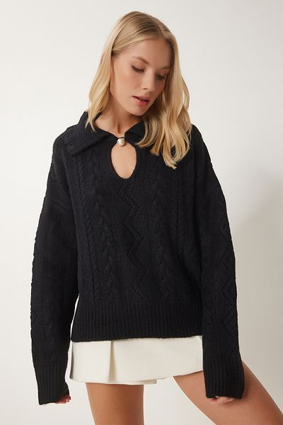 Happiness İstanbul Women's Black Pearl Buttoned Motif Knit Sweater BV00108