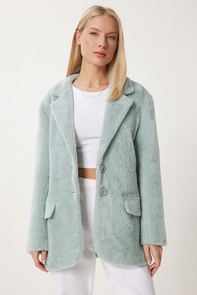 Happiness İstanbul Grüne Damenjacke mit zweireihigem Kragen und langem Kunstpelzmantel FN03434