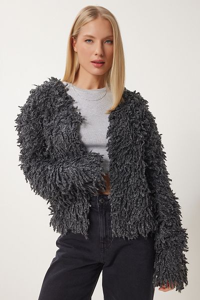 Happiness İstanbul Anthrazitfarbene Strickjacke mit Fransen für Damen YY00220