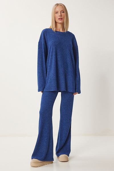 Happiness İstanbul Damen-Set aus locker sitzender, kobaltblauer Strickbluse und Hose – RG00047