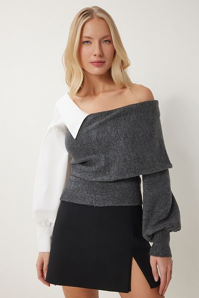Happiness İstanbul Women's Anthracite Shirt Sleeve One Shoulder Knitwear Sweater Ns00408