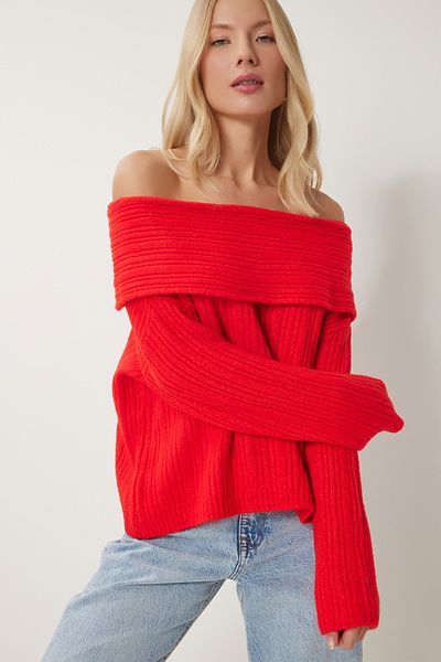 Happiness İstanbul Roter Madonna-Kragen-Strickpullover für Damen PF00049