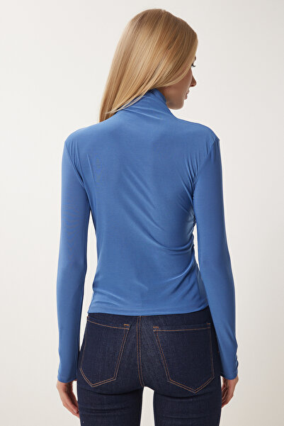 Happiness İstanbul Kadın İndigo Mavi Büzgü Detaylı Dik Yaka Sandy Bluz  FF00135