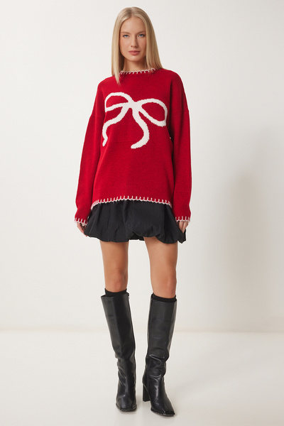 Happiness İstanbul Women's Red Bow Print Knitwear Sweater Fz00001