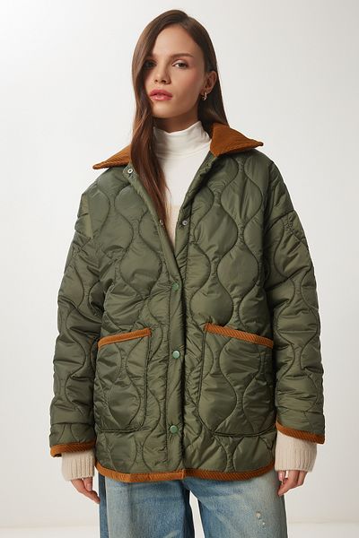 Happiness İstanbul Khakifarbener Steppmantel für Damen mit Polokragen und Tasche DZ00096