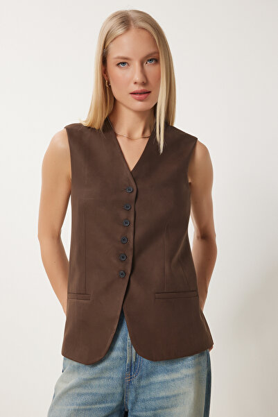 Happiness İstanbul Дамска кафява жилетка от набук с V-образно деколте Fn03387