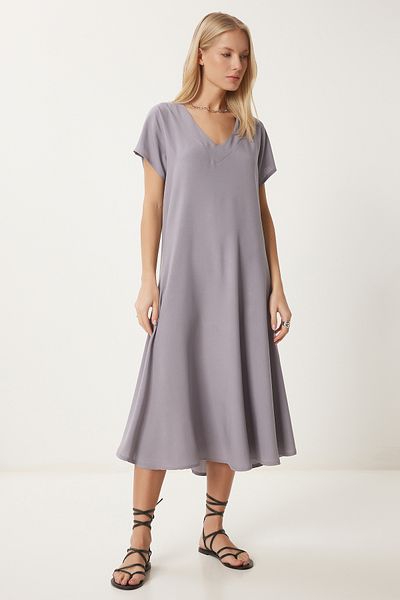 Happiness İstanbul Women's Gray V Neck Summer Draped Viscose Dress En00612