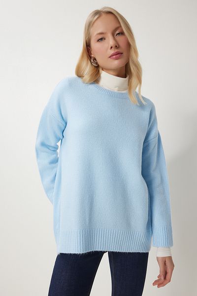 Happiness İstanbul Himmelblauer Oversize-Strickpullover für Damen PN00054
