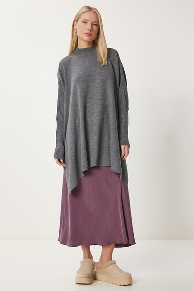 Happiness İstanbul Women's Smoked Side Slit Oversize Poncho Pullover YY00005