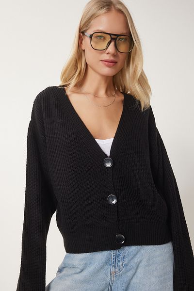 Happiness İstanbul Women's Black V-Neck Buttoned Knitwear Cardigan Mx00175