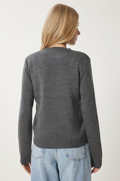 Happiness İstanbul Kadın Antrasit Ayıcık İşlemeli Triko Kazak DP00230