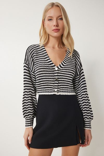 Happiness İstanbul Women's Black Cream Openwork Buttoned Crop Knitwear Cardigan AN00178