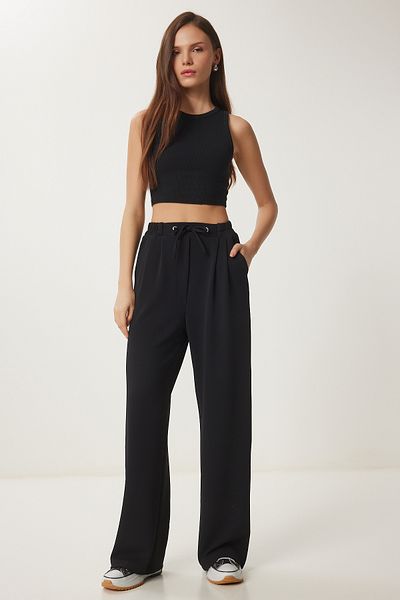 Happiness İstanbul Schwarze, bequeme Strickhose mit weitem Bein für Damen RV00204