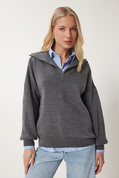 Happiness İstanbul Women's Anthracite Zippered Collar Basic Knitwear Sweater Pf00007