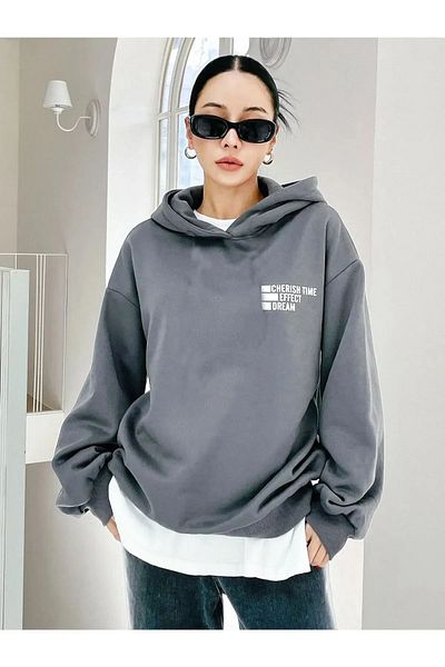 Moda Glo Hanorac oversize cu glugă cu imprimeu Cherish Time pentru femei