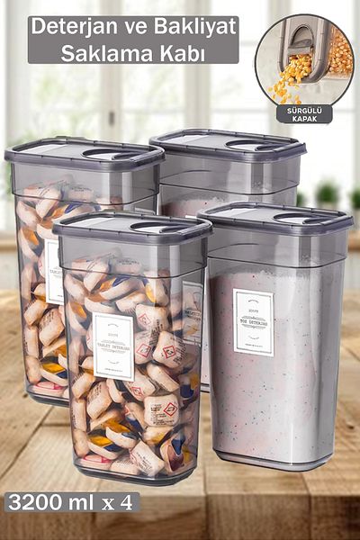Home Mona Big 4 - 3.2 Liter Detergent Storage Set with Label, Powder and Tablet Container