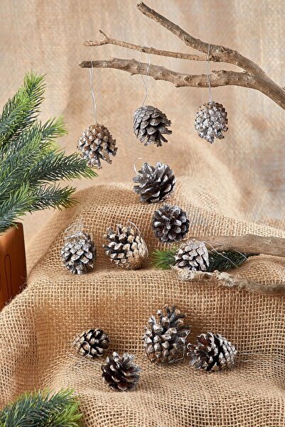 STOREMAX Коледна украса за елха, шишарка, 12 броя, сребрист блясък