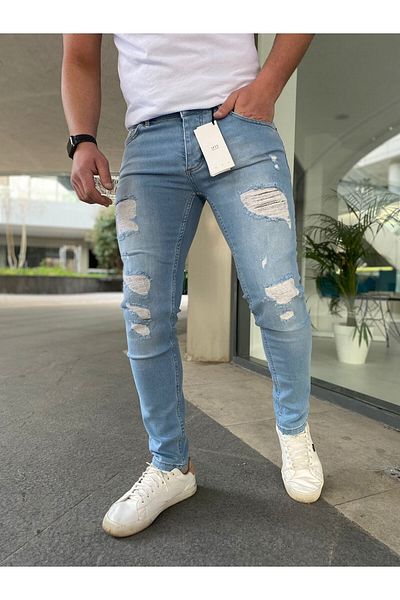 çerme Blugi Slimfit Ripped Ice Blue pentru bărbați
