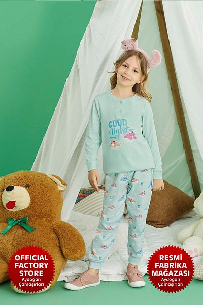Aydoğan Green Pajama Set for Girls - 100% Cotton, Long Sleeve, A13-1 - 240740   - Aydogan ®
