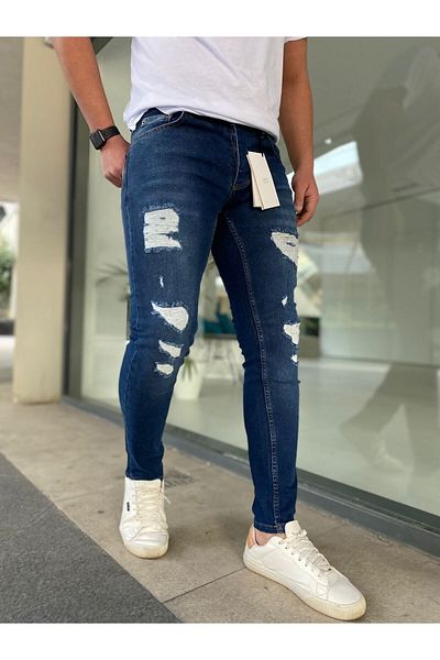 çerme Ανδρικό τζιν με σχισμένο Navy Blue Slimfit