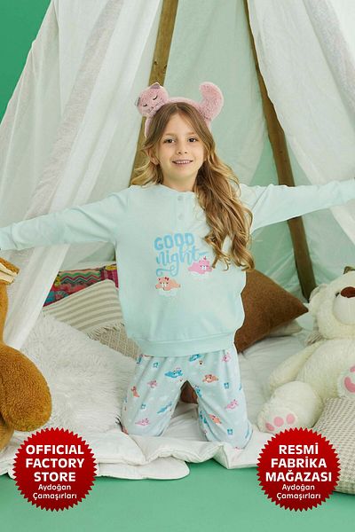 Aydoğan Green Pajama Set for Girls - 100% Cotton, Long Sleeve, A13-1 - 240740   - Aydogan ®